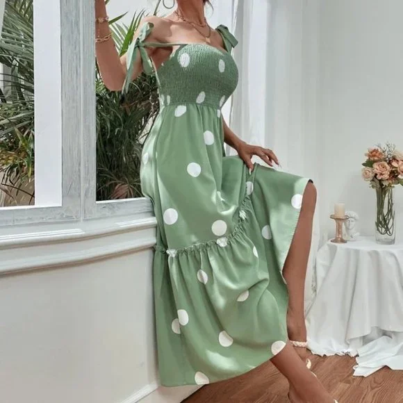 Green Polka Dot Tie Shoulder Cami Dress - Picture 2 of 6